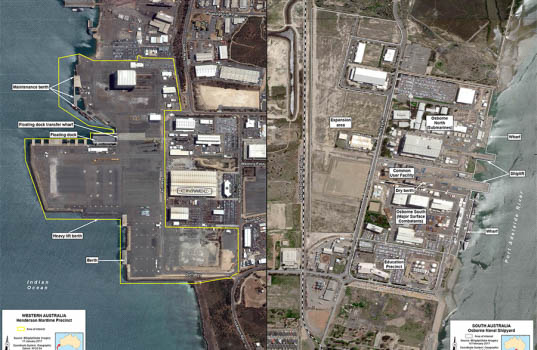 Naval Shipbuilding Plan | Map of Henderson Maritime Precinct (left) and Osborne Naval Shipyard (right) Image credit: www.defence.gov.au